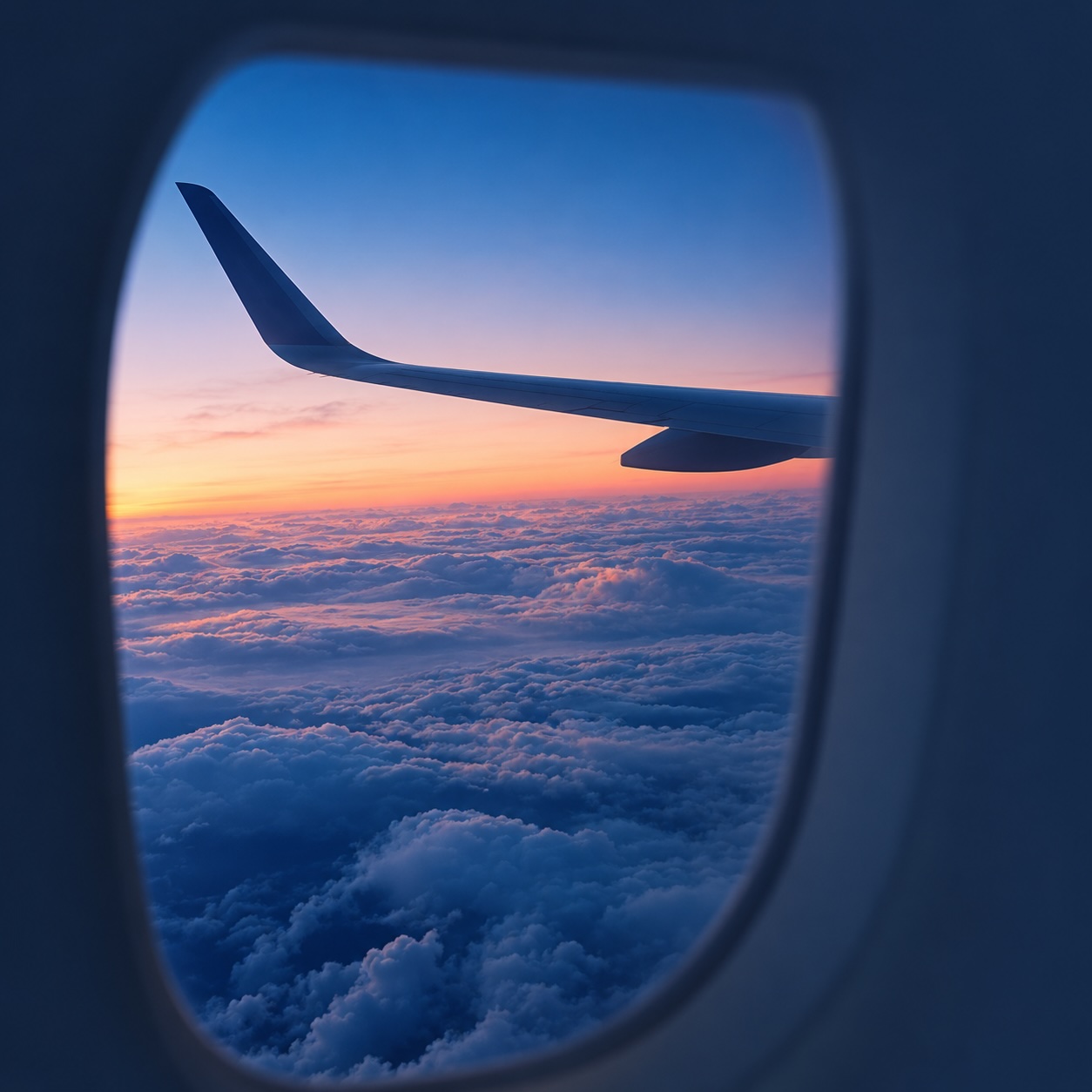 An aircraft wing above the clouds at dusk, seen from a window seat