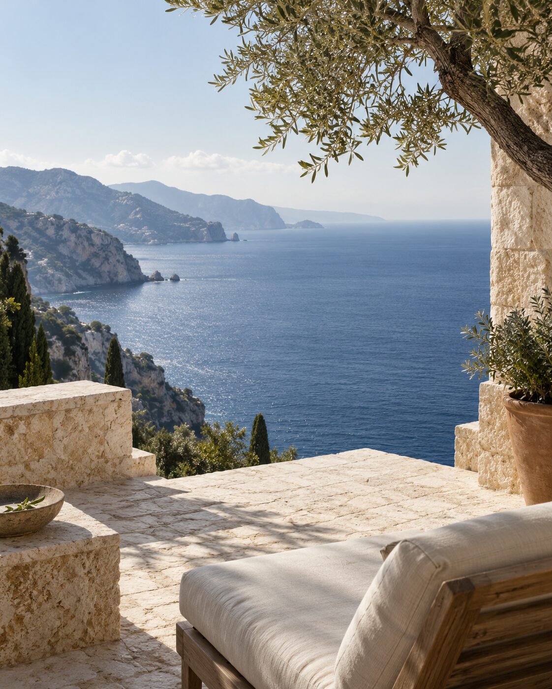A stone terrace with cushioned seating overlooking a calm Mediterranean bay and cliffs